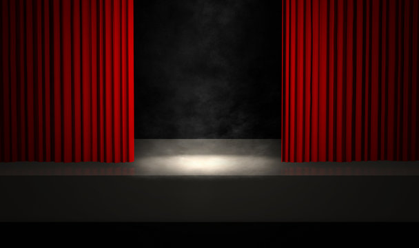 Smoky stage with red curtains