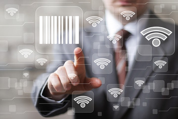 Businessman pressing button web barcode product icon wifi network