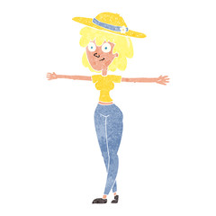 retro cartoon woman spreading arms