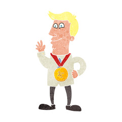 retro cartoon waving man with award
