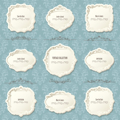 Luxury vintage frames and dividers set on damask.