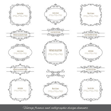 Vintage calligraphic frames and borders set isolated on white.