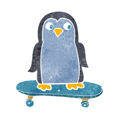 retro cartoon penguin riding skateboard