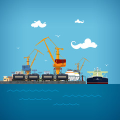 Cargo Sea Port,Unloading of Oil from the Tanker ,Loading  of Liquids or Oil or Liquefied Petroleum Gas,Sea Freight Transportation, Logistics, Port Warehouses and Cranes , the Train with Tank Cars