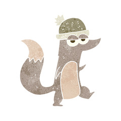 retro cartoon little wolf wearing hat