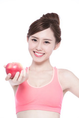 Happy health woman show apple