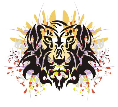 Tribal tiger head splashes. Grunge old tiger head with colorful splashes and blood drops