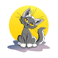 A gray cat drawn against a large yellow moon. The cat with sly eyes smiles and looks full-face. Picture with a cute kitten sitting at night under the moon.