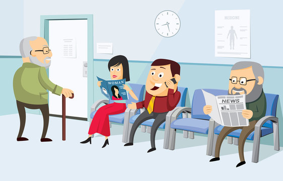 Waiting room at the doctor with the patient. The best medical health care. Modern interior of a private medical practice Health Center. Vaccination. Simple cartoon vector illustration.