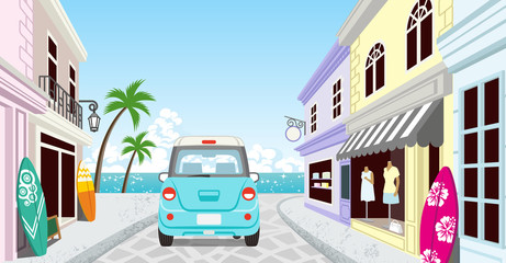 Obraz premium Driving car in the Seaside town - Light blue color