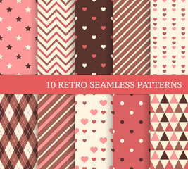 Ten different seamless patterns with hearts and stripes.