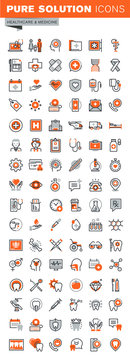 Set of thin line web icons for graphic and web design and development. Icons of clinic and hospital facilities, pharmacy, laboratory tests, medical equipment and supplies, dental care theme