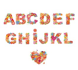 Floral alphabet with funny colorful flowers. Part 1