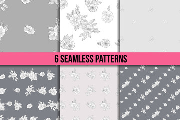 set of six black and white floral patterns