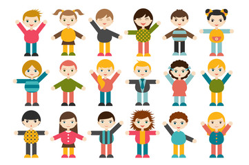 Big set of different cartoon children figures. Boys and girls on a white background. Minimalistic flat modern icon set portraits. Vector illustration