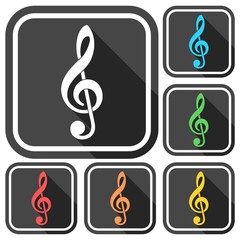 Treble clef vector icons set with long shadow