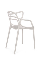 White Plastic Outdoor Cafe Chair on White Background, Three Quarter Rear View