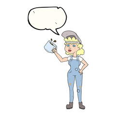 speech bubble cartoon woman in dungarees
