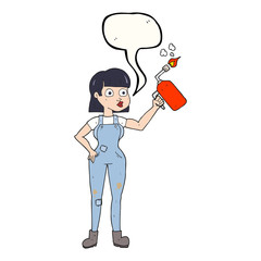 speech bubble cartoon woman in dungarees