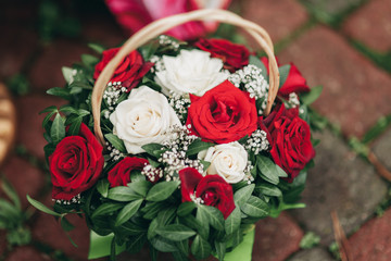 Wonderful luxury wedding bouquet of different flowers