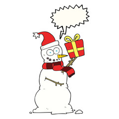 speech bubble cartoon snowman holding present