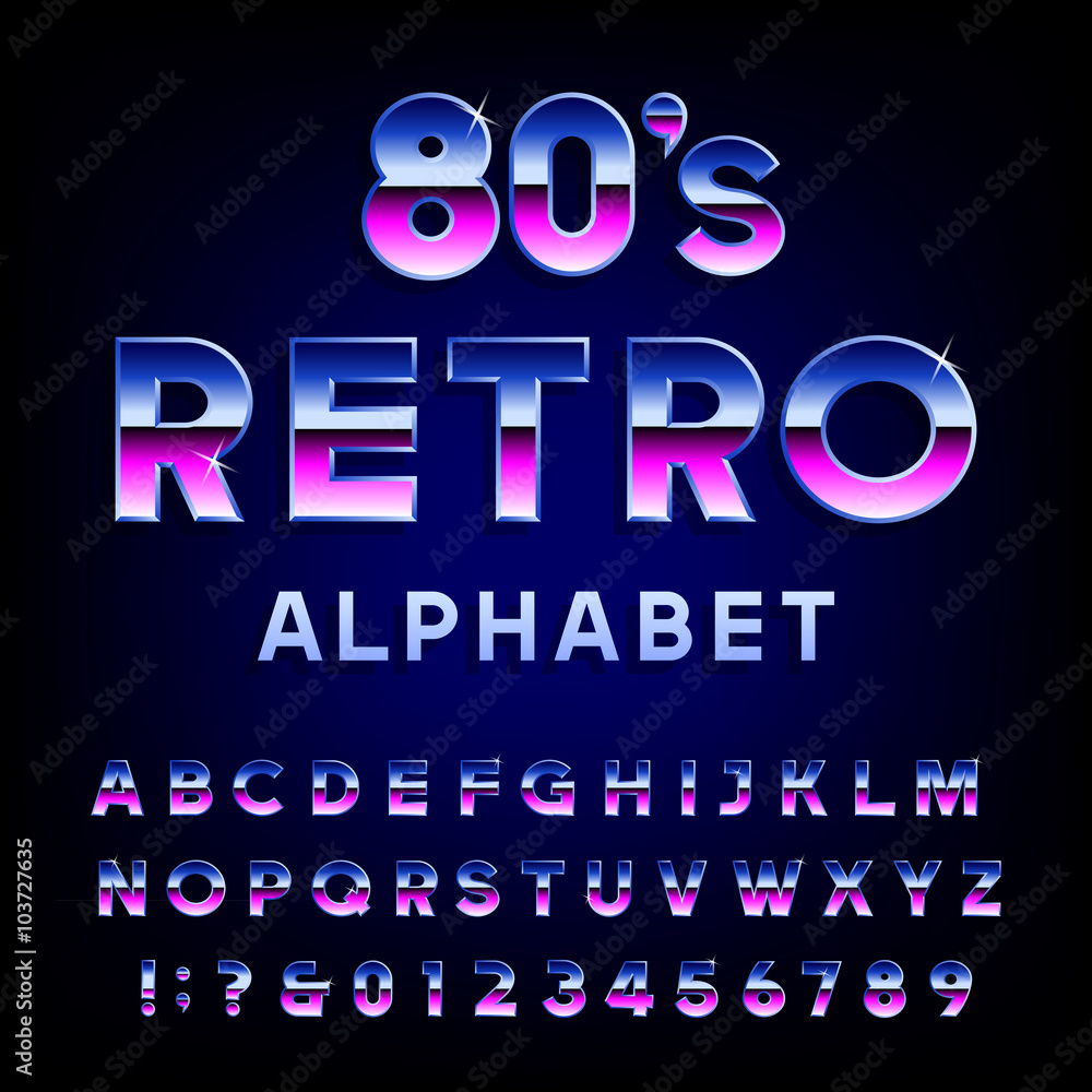 Fototapete 80's retro alphabet vector font. metallic effect shiny letters and numbers. vector typography for fl