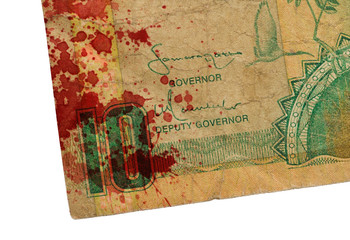 10 Gambian dalasi bank note, bloody