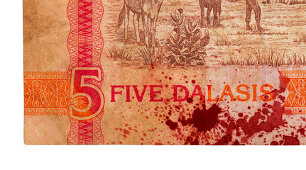 5 Gambian dalasi bank note, bloody