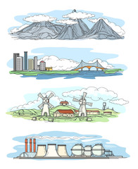 Naklejka premium Landscapes in hand drawing style.