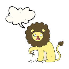 speech bubble cartoon lion with thorn in foot