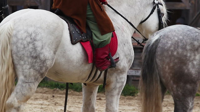 Medieval horseman is waiting for his lady love near her home. Historical moments