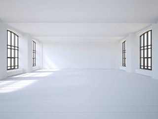 Bright industrial loft space. 3D rendering