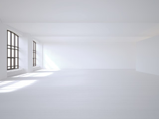 Bright space with large windows. 3D rendering