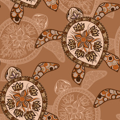 Seamless pattern with turtles. Indian mehendi style