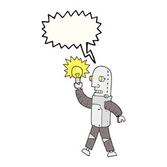 speech bubble cartoon robot with light bulb