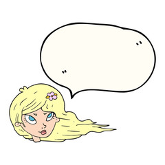 speech bubble cartoon woman with blowing hair