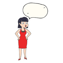 speech bubble cartoon woman in dress with hands on hips
