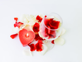 rose petals in the wine glass on white background