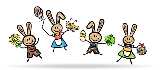 Lustige Osterhasen in Tracht beim Freudensprung / Kreidezeichnung, farbig, Vektor, freigestellt © snyGGG