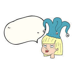 speech bubble cartoon woman wearing jester hat