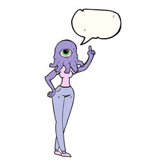 speech bubble cartoon female alien with raised hand