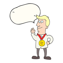 speech bubble cartoon waving man with award