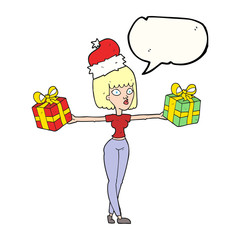 speech bubble cartoon woman with xmas presents