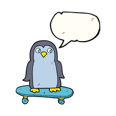 speech bubble cartoon penguin riding skateboard