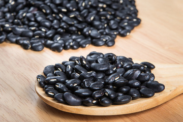 close up scoop of black bean in front of blurry pile of black be
