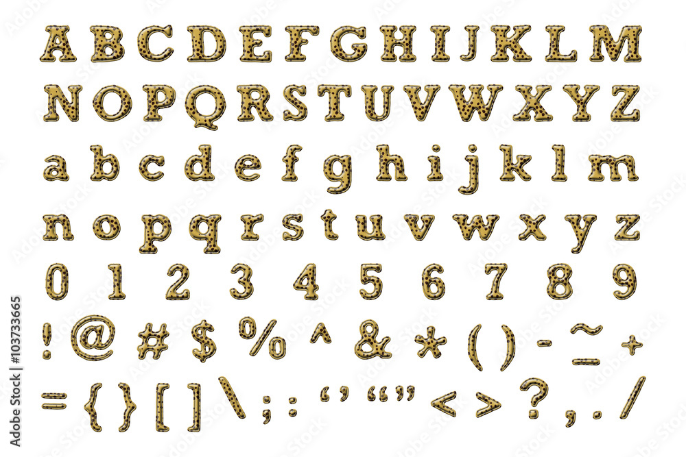 Fototapete alphabet set with cheetah texture ,rough edge ,stitched border and emboss style isolated on white