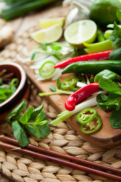 asian food cooking board ingredients lime chili 