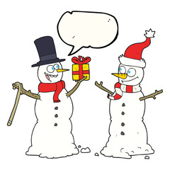 speech bubble cartoon snowmen exchanging gifts