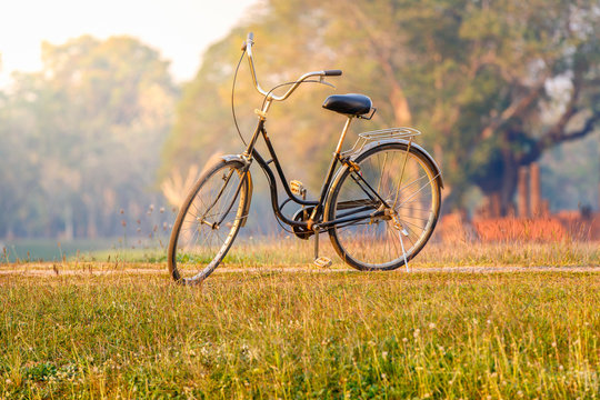 Landscape picture Vintage Bicycle with Summer grass field at sunset ; vintage filter style, Classic bicycle
