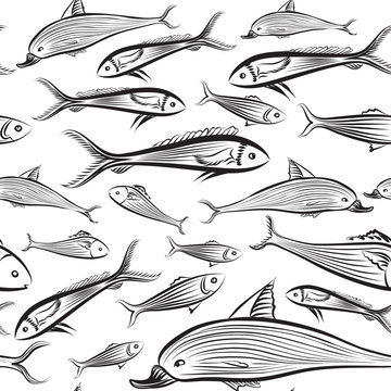 Fish seamless pattern. Sea food tiled background.